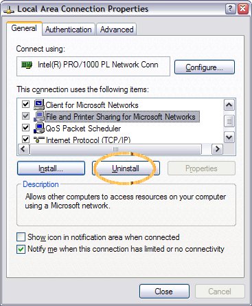 Uninstall File and Printer sharing for Microsoft Networks